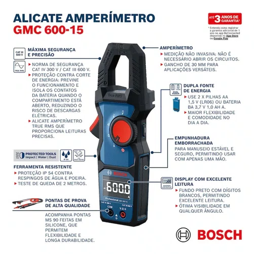 Alicate Amperimetro GMC 600-15 600A AC/DC CAT III 600V +Pilhas e Bolsa -Bosch