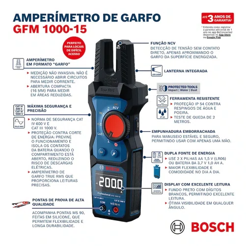 Amperimetro de Garfo GFM 1000-15 200A AC/DC CAT IV 600V / CAT III 1000V +Pilhas e Bolsa -Bosch