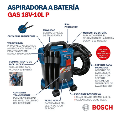 Aspirador de Pó a Bateria 18V GAS 18V-10L Com Rodas Sem Bateria e Carregador -Bosch