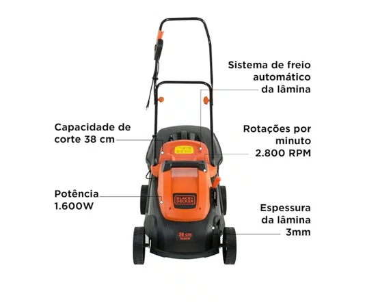 Cortador de Grama Elétrico 1600W 220V com Coletor BLACK+DECKER-GR3800
