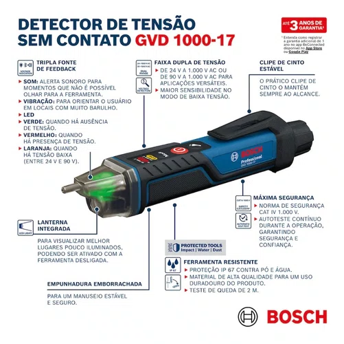 Detector de Tensão Sem Contato GVD 1000-17 24V A 1000V AC + Pilhas -Bosch
