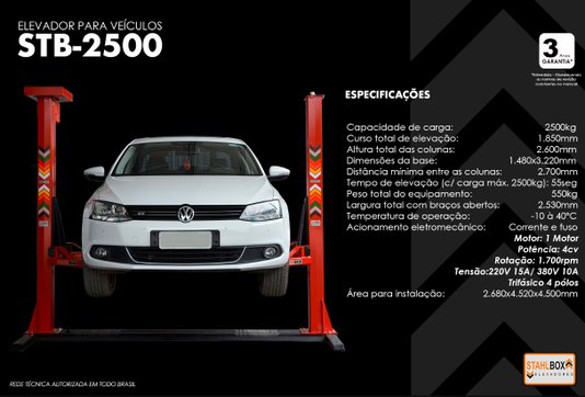 Elevador de Veiculos STB 2.500kg Trifásico 380V Cor Vermelha -Stahlbox