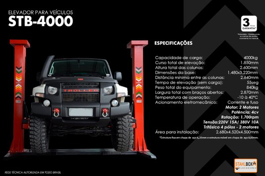 Elevador de Veiculos STB 4.000kg Trifásico 380V Cor Vermelha -Stahlbox