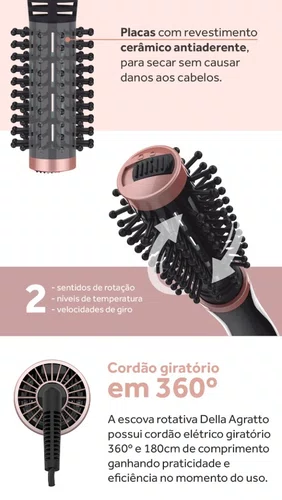 Escova de Cabelo Rotativa Della 1200/1000W Bivolt -Agratto