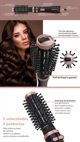 Escova de Cabelo Rotativa Della 1200/1000W Bivolt -Agratto