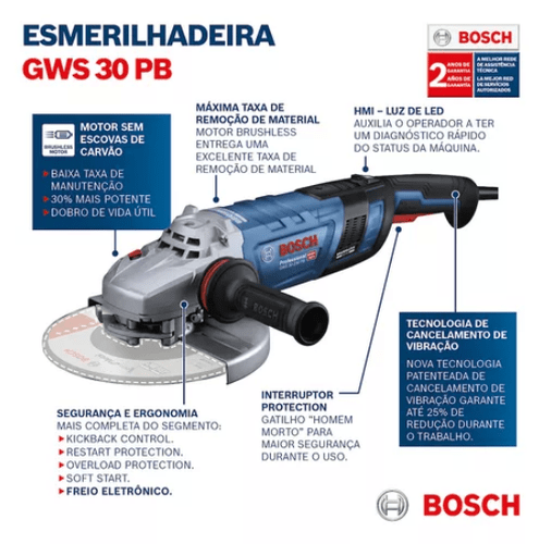 Esmerilhadeira Ângular 9'' Pol GWS 30-230 PB 2.800W 220V -Bosch