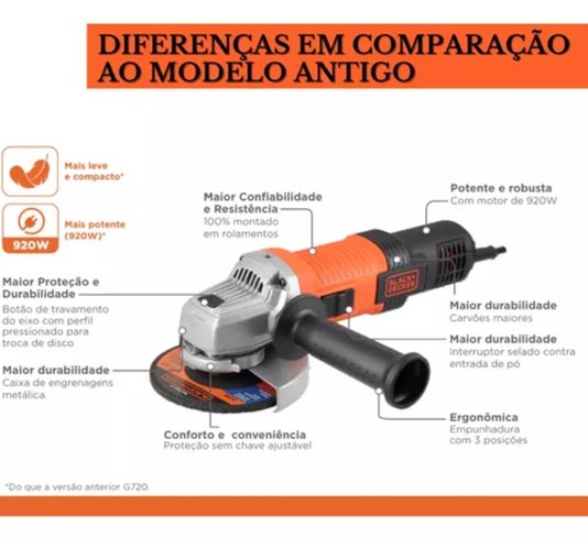 Esmerilhadeira Angular 4.1/2'' Pol. 920W G720X6D C/06 Discos 220V -Black Decker