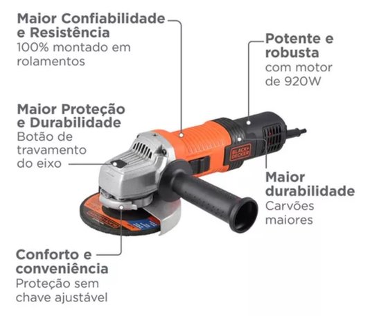 Esmerilhadeira Angular 4.1/2'' Pol. 920W G720X6D C/06 Discos 220V -Black Decker
