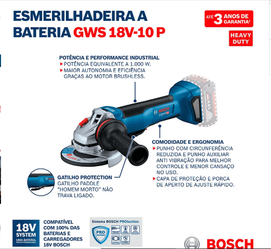 Esmerilhadeira Angular Brushless GWS 18V-10 P 5 Pol. sem Bateria BOSCH