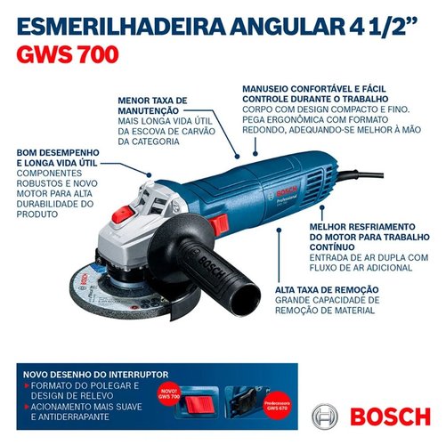 Esmerilhadeira Ângular 4.1/2'' Pol. GWS 700 710W 220V 06013A30E0 -Bosch