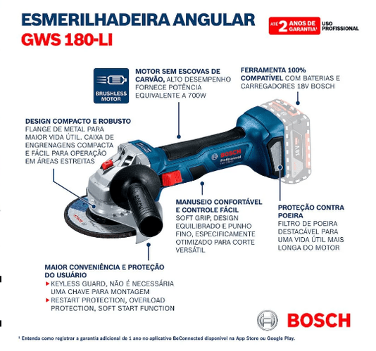 Esmerilhadeira GWS 180-LI a Bateria 18V Li-Ion  BOSCH-06019H90E1