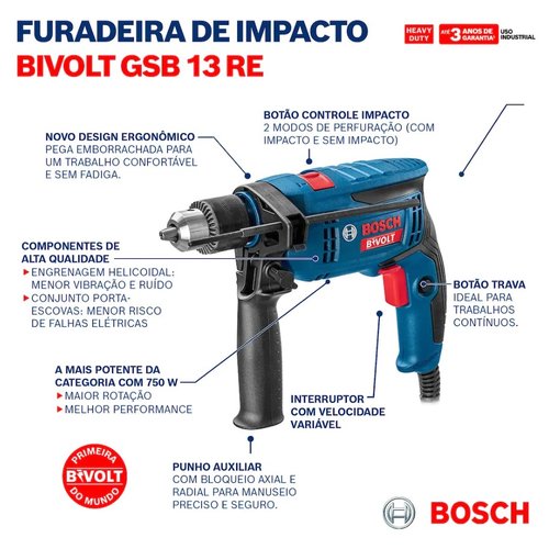 Furadeira com Impacto 1/2'' Pol. 750W GSB 13 RE Bivolt -Bosch