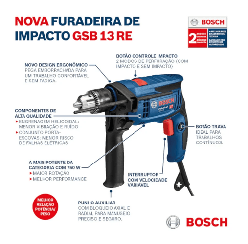 Furadeira D Impacto Bosch Gsb 13Re 750W 220V + 23 Acessórios