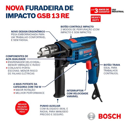Furadeira de Impacto 1/2'' GSB 13 RE 750W + 10 Brocas 9/64'' 0615A001YN -Bosch