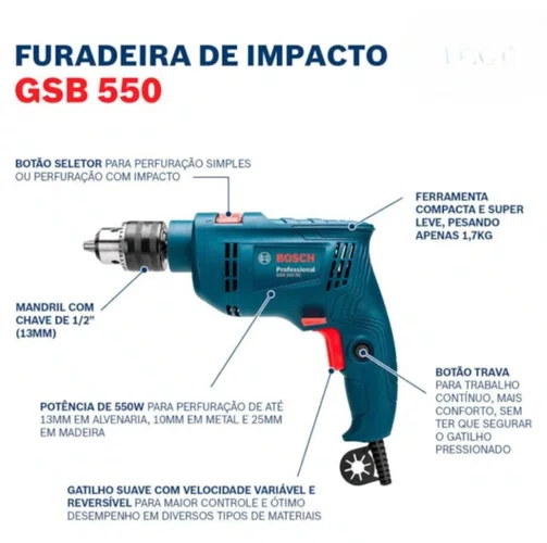 Furadeira de Impacto 550W GSB550 com 3 brocas Bosch