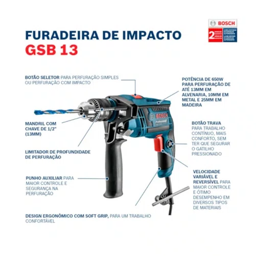 Furadeira de Impacto GSB 13 RE 1/2 Pol. 750W +5 Brocas e Maleta 220V 06012B80E2 -Bosch
