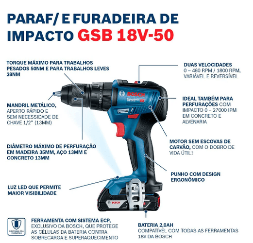 Furadeira Parafusadeira Impacto 18v Gsb 18v-50 Bosch Bivolt