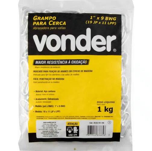 Grampo para Cerca 1'' X 9 BWG (19x11) Galvanizado Pacote de 1kg com 205Un 2803191100 -Vonder