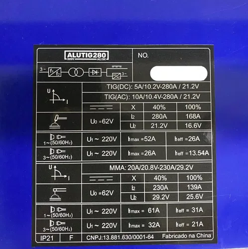 Inversora de Solda Tig HF e MMA ALUTIG 280 AC/DC Mono/Trifásica 220V -Boxer