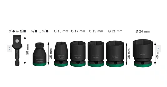 Jogo de Soquete de Impacto Enc. 1/2'' 13 a 21MM Curto Standard com 07 Peças PRO -Bosch