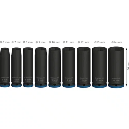 Jogo de Soquete de Impacto Enc. 1/4'' 06 a 14MM Longo com 09 Peças PRO -Bosch
