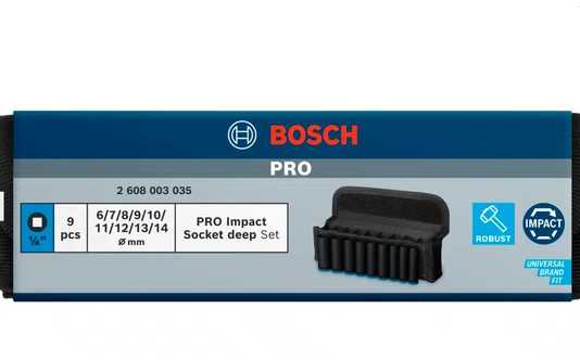 Jogo de Soquete de Impacto Enc. 1/4'' 06 a 14MM Longo com 09 Peças PRO -Bosch