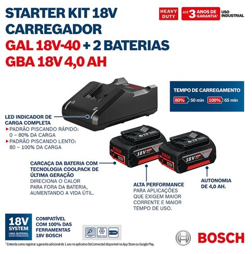 Kit Carregamento 18V 2 Baterias GBA 18V 4Ah +Carregador GAL 18V-40 Bivolt -Bosch