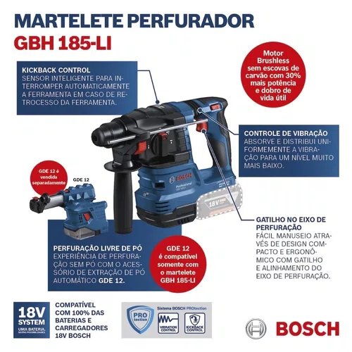 Martelete Perfurador/Rompedor 18V GBH 185-LI SB 1,9J 22MM Sem Bateria e Carregador -Bosch