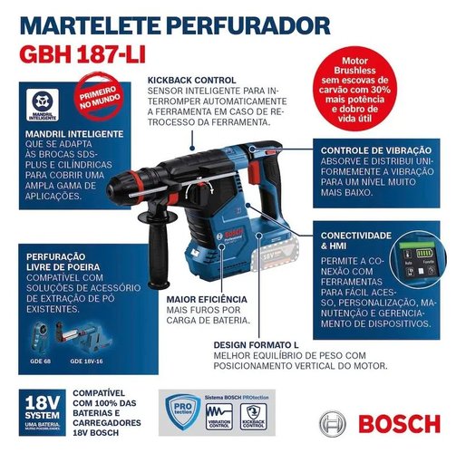 Martelete Perfu/Rompedor a Bateria 18V GBH 187-LI 2,4j SDS Plus 24mm Sem Bateria e Carregador -Bosch