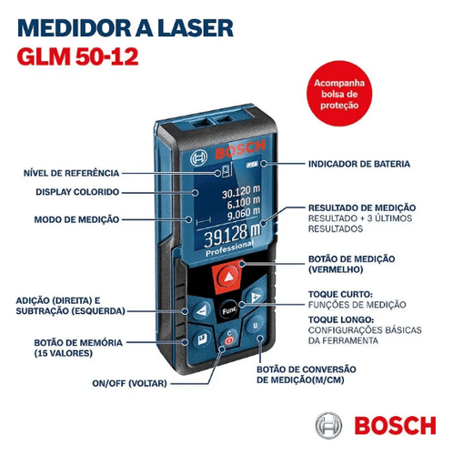 Medidor de Distância a Laser Vermelho GLM 50-12 Alcance 50M c/02 Pilhas e Bolsa -Bosch