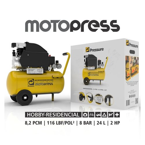 Motocompressor de Ar Motopress 8,2/24 116PSI Motor 2,0HP Com Rodas 220V -Pressure