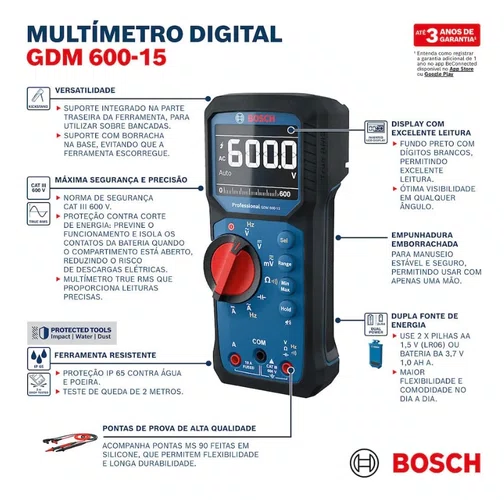 Multimetro Digital GDC 600-15 CAT III 600V AC/DC +Pilhas e Bolsa -Bosch