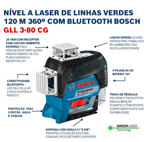 NIVEL A LASER GLL 3-80 CG 120M LINHAS VERDE COM RECEPTOR LR7