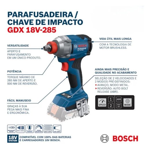 Parafusadeira/Chave de Impacto a Bateria 18V GDX 18V-285 1/4'' 285NM Sem Bateria e Carregador -Bosch