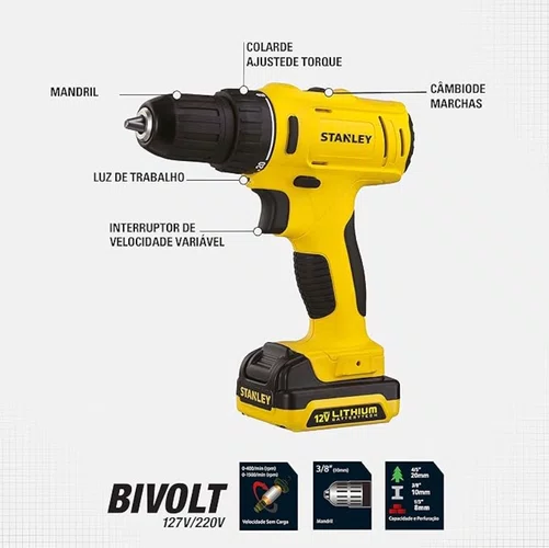 Parafusadeira de Impacto 12V 3/8'' SCH121S1K-BR +Kit Carregamento Bivolt e Maleta -Stanley