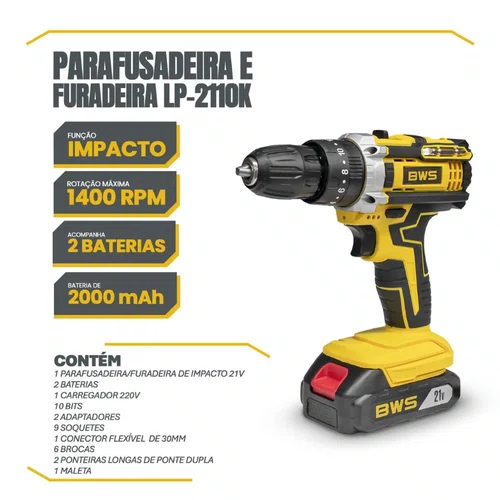 Parafusadeira de Impacto a Bateria 21V LP2110K 3/8'' +2 Baterias 2ah +Carregador e Maleta -BWS