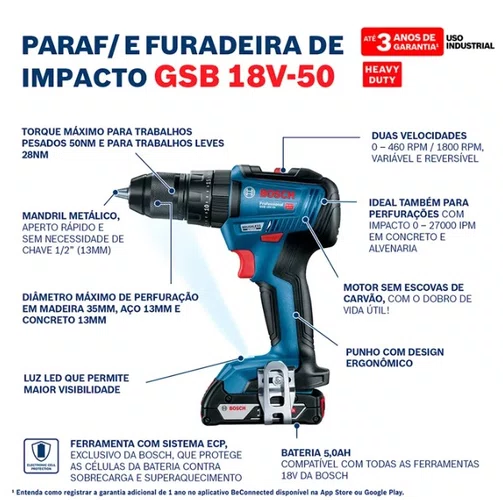 Parafusadeira de Impacto GSB 18V-50 +Kit Carregamento +23 Acessórios e Maleta -Bosch