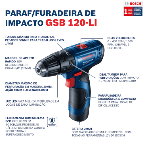 PARAFUSADEIRA FURA CONCRETO GSB-120LI + ACESSORIOS