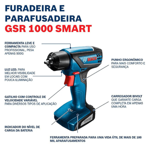Parafusadeira Furadeira GSR 1000 a Bateria 12V Lítio com Maleta - BOSCH