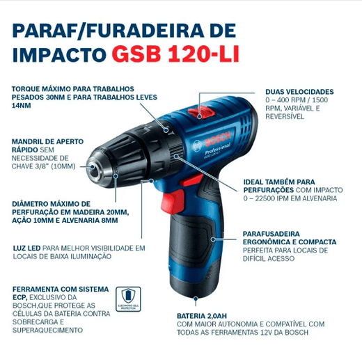 Parafusadeira Furadeira Impacto Bateria 12V Bosch GSB 120-LI