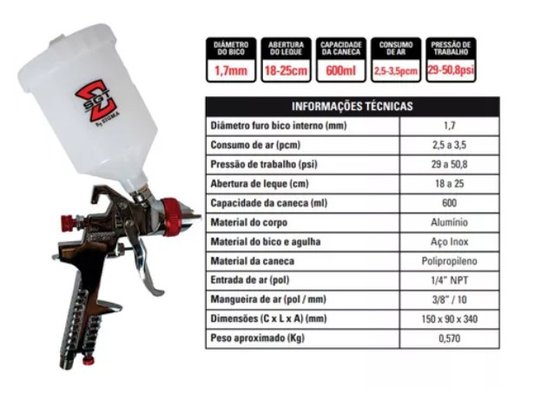 Pistola de Pintura Pneumática SGT3012A Bico 1.7mm HVLP Alimentação por Gravidade Caneca 600ml - Sigma