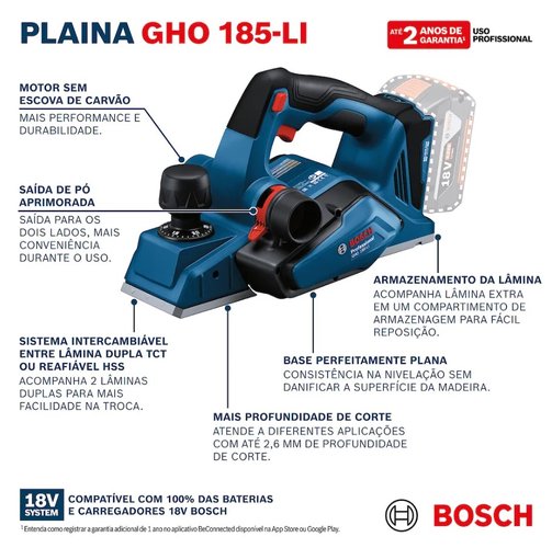 Plaina a Bateria 18V GHO 185-LI  82MM Sem Bateria e Carregador -Bosch