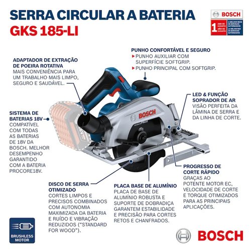 Serra Circular a Bateria 18V GKS 185-LI SB Motor Brushless Sem Bateria e Carregador -Bosch