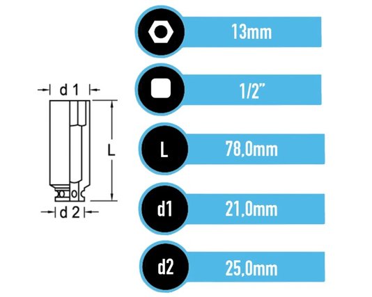 Soquete Sextavado de Impacto de 13mm Encaixe de 1/2'' Pol. 3300543 -Gedore RED