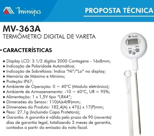 Termômetro de Vareta Minipa 10ºC a 250ºC MV-363A -Minipa